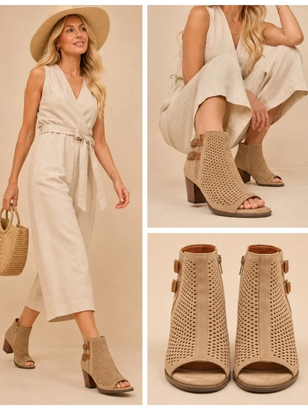 Vionic Aloft Chryssa Light Sand Suede Peep Toe Booties Size 9 GUC S4241